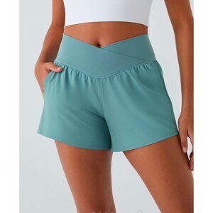 Halara Breezeful High Waisted Crossover Yoga Shorts Sz 2XL Blue Side Pocket 2-in